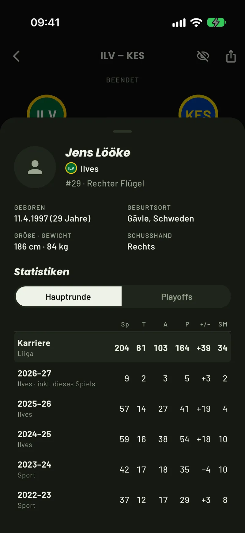 Eine Liiga-Spielerkarte in ScoreCover: Steckbrief und Liiga-Karriere von Jens Lööke Saison für Saison, die laufende Saison inklusive dieses Spiels