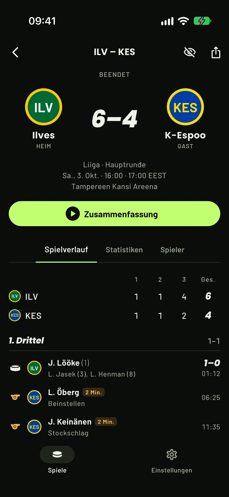 Ein aufgedecktes Liiga-Spiel in ScoreCover: Ergebnis, Drittel, Tore und Strafen