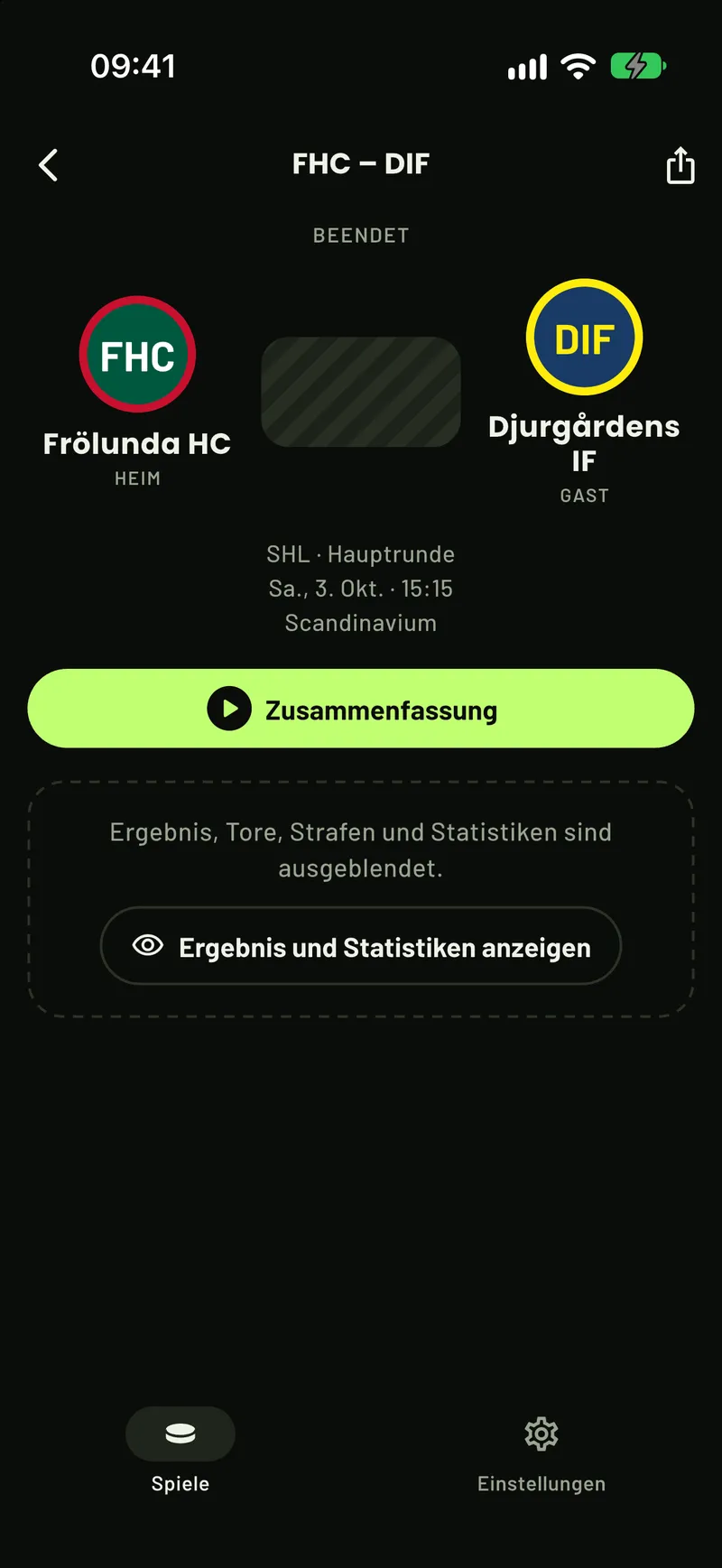 Die Seite eines SHL-Spiels in ScoreCover vor dem Aufdecken: die Schaltfläche für die Zusammenfassung; Ergebnis, Tore und Statistiken sind verborgen