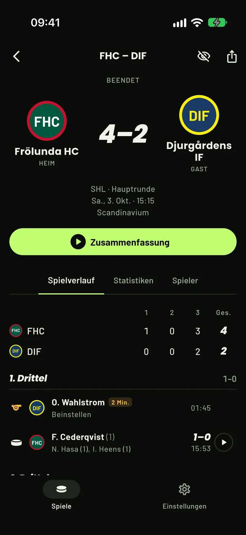 Ein aufgedecktes SHL-Spiel in ScoreCover: Ergebnis, Drittel, Strafen und Tore
