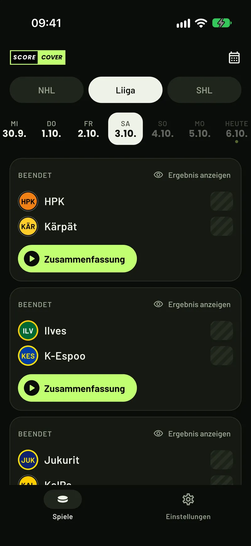 ScoreCover zeigt Liiga-Spiele, alle Ergebnisse verdeckt