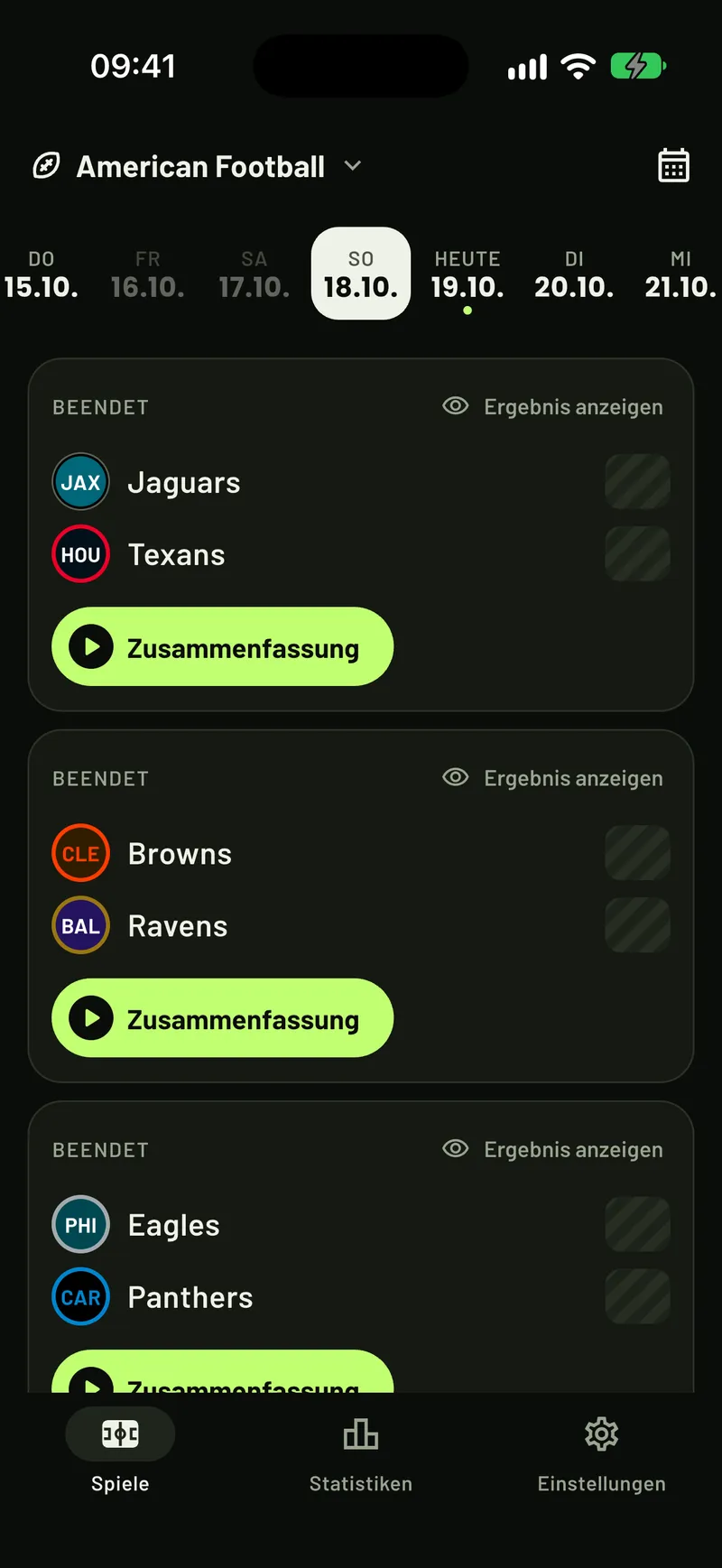 ScoreCover zeigt NFL-Spiele, alle Ergebnisse verdeckt