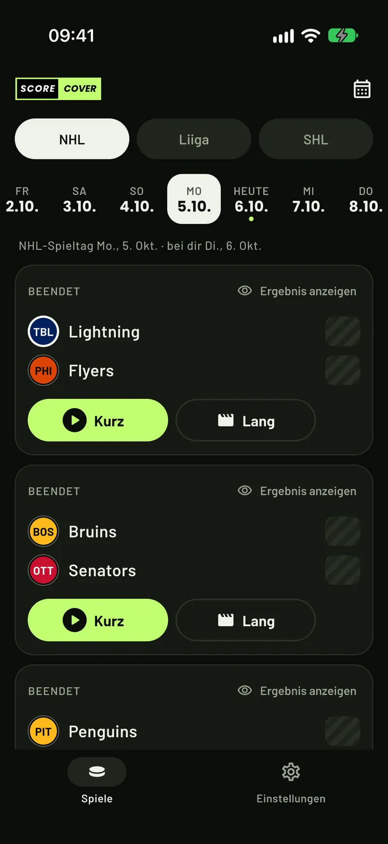 ScoreCover zeigt NHL-Spiele, alle Ergebnisse verdeckt