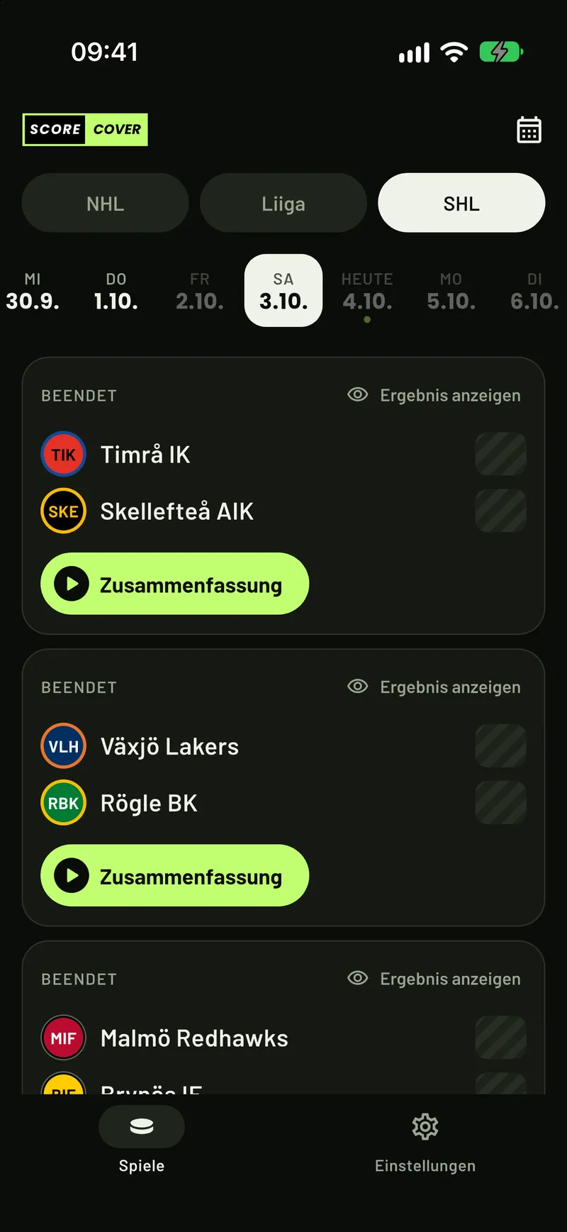 ScoreCover zeigt SHL-Spiele, alle Ergebnisse verdeckt