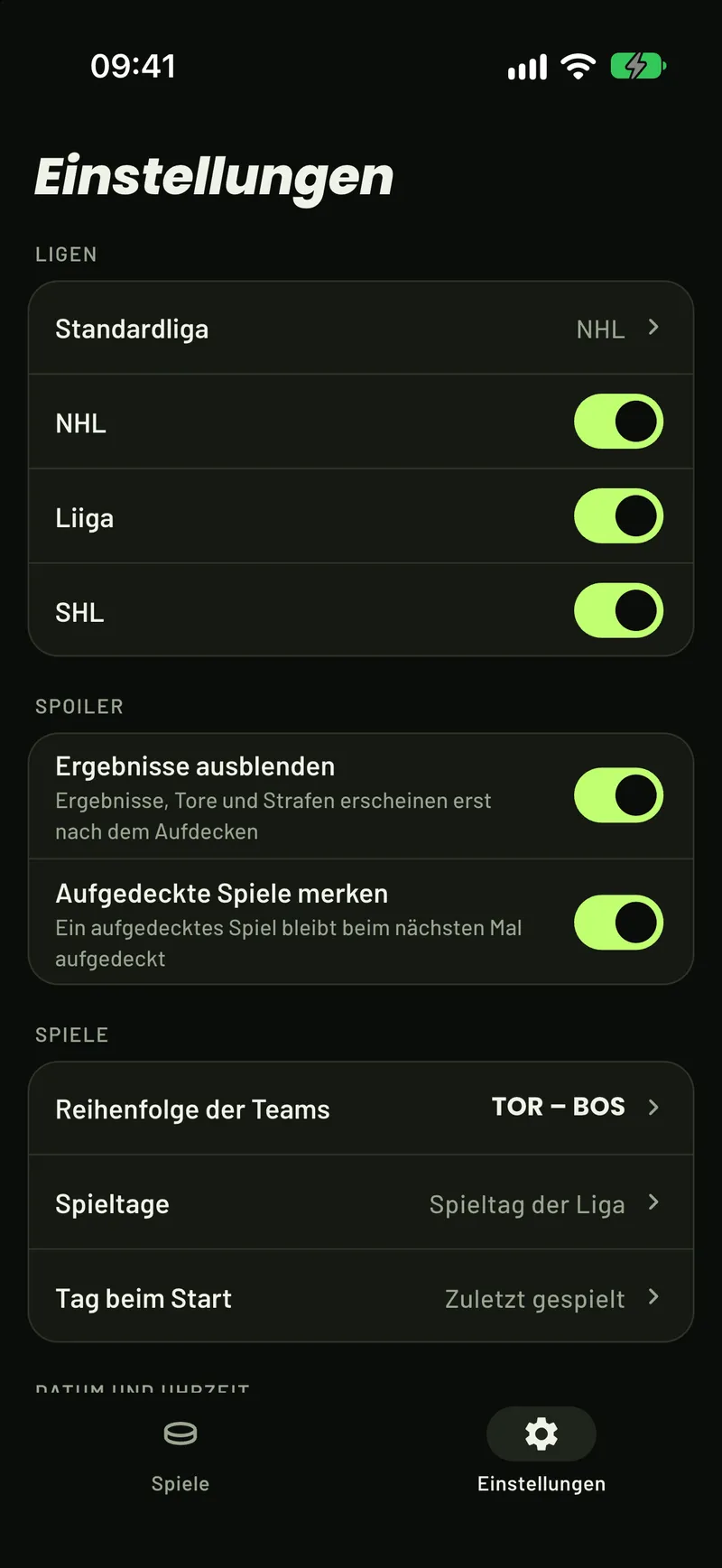 Die Einstellungen von ScoreCover: Ligen, Ergebnisse ausblenden, Reihenfolge der Teams und Spieltage