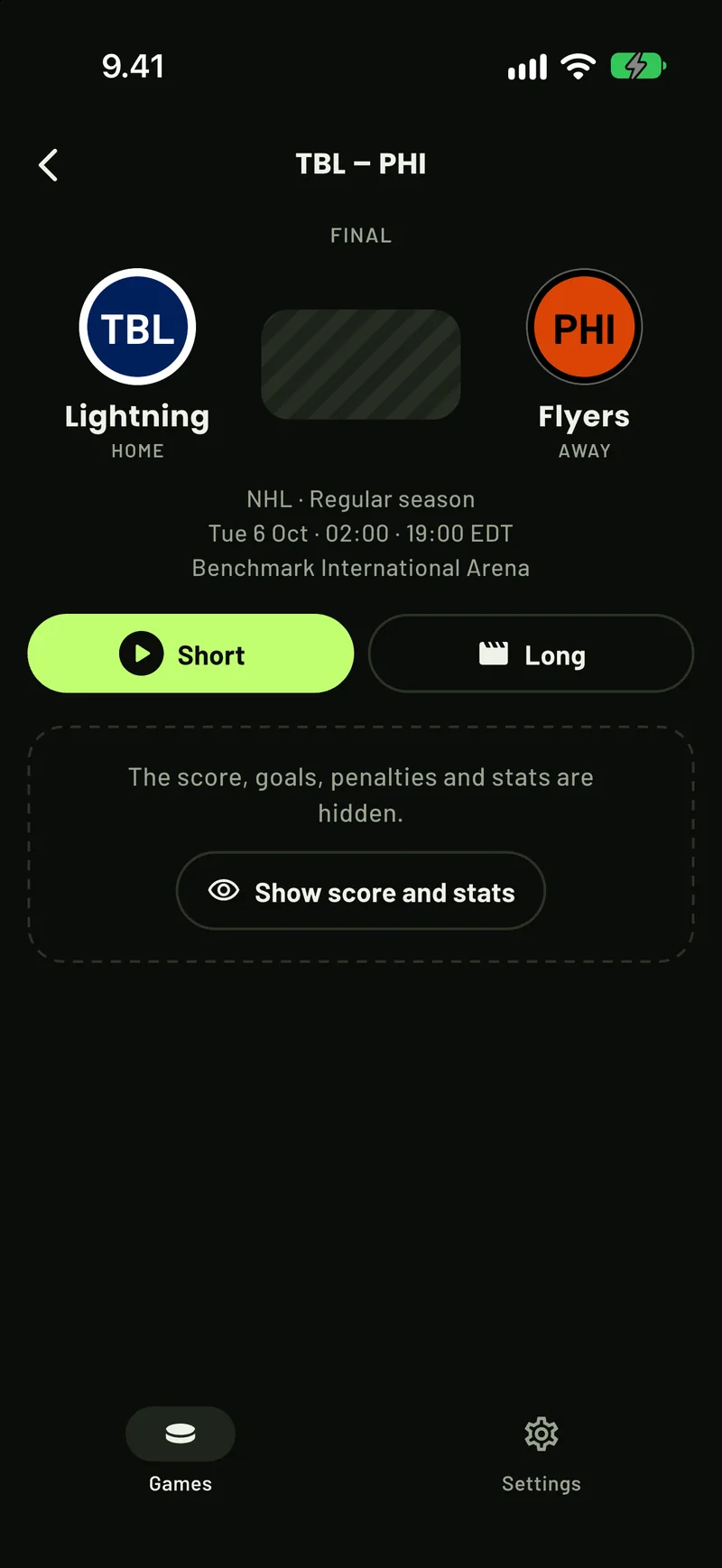 An NHL game page in ScoreCover: score, goals and stats hidden behind a reveal button