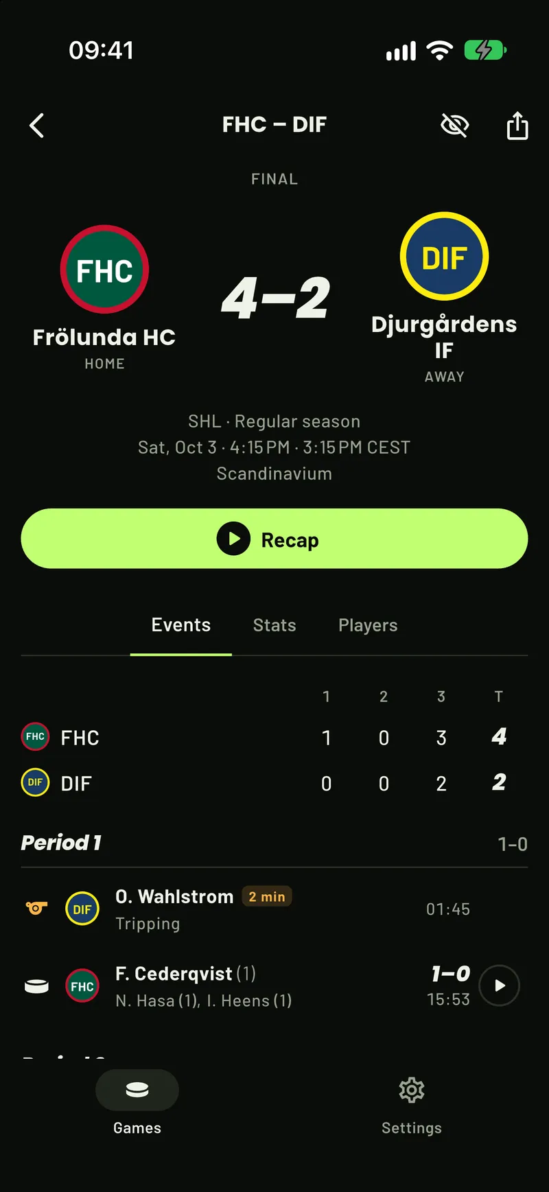 A revealed SHL game in ScoreCover: score, periods, penalties and goals