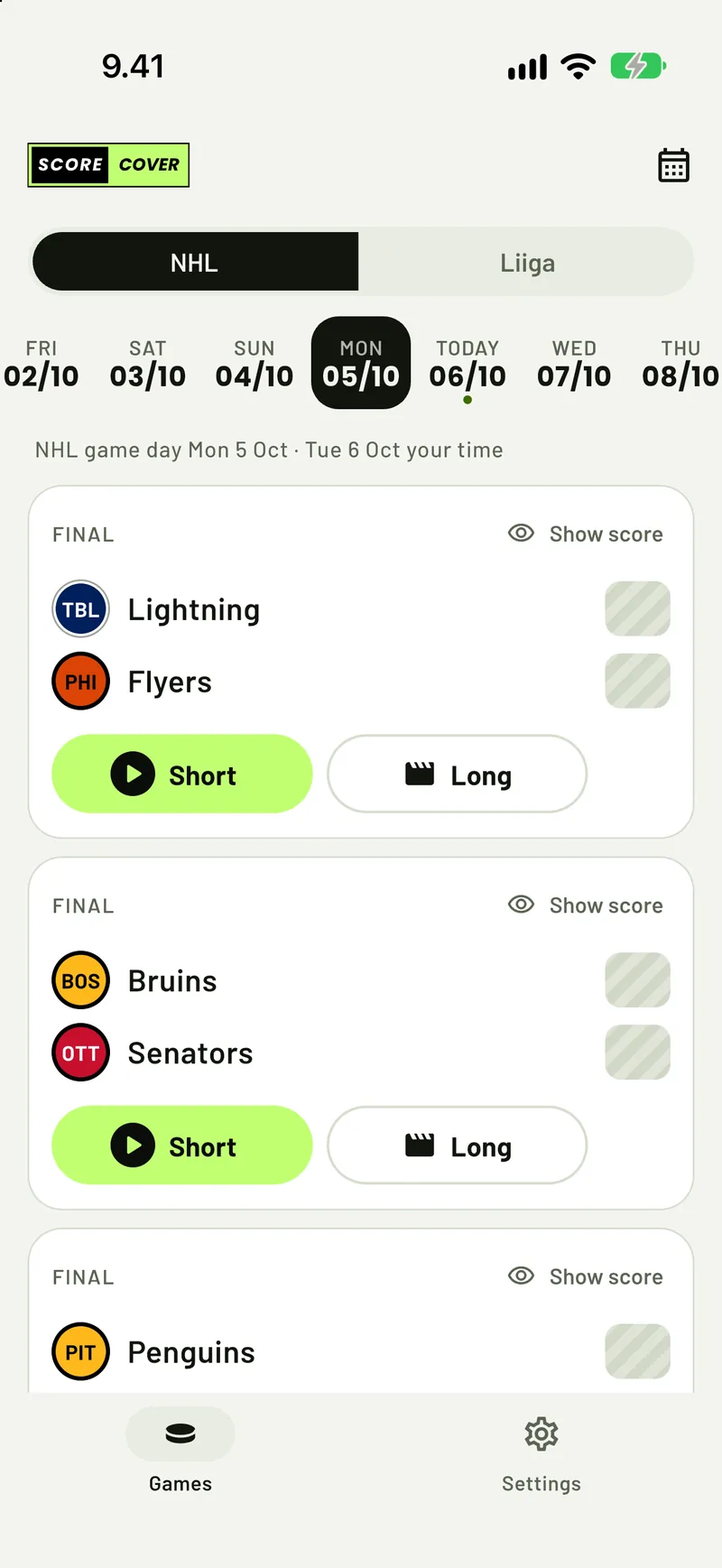 ScoreCover con el tema claro y los marcadores de la NHL ocultos
