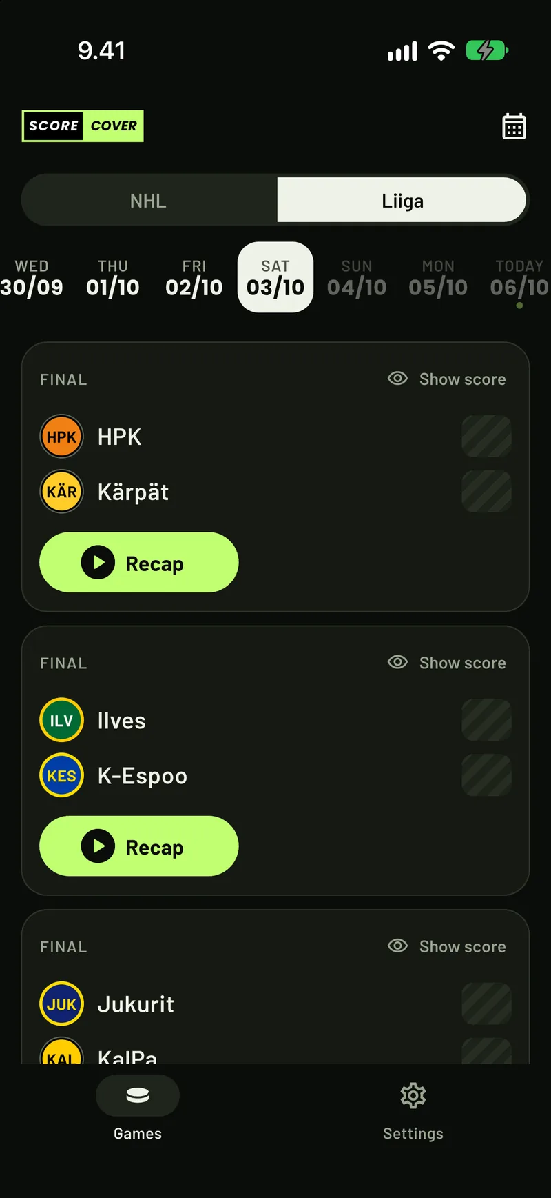 ScoreCover showing Liiga games with every score covered