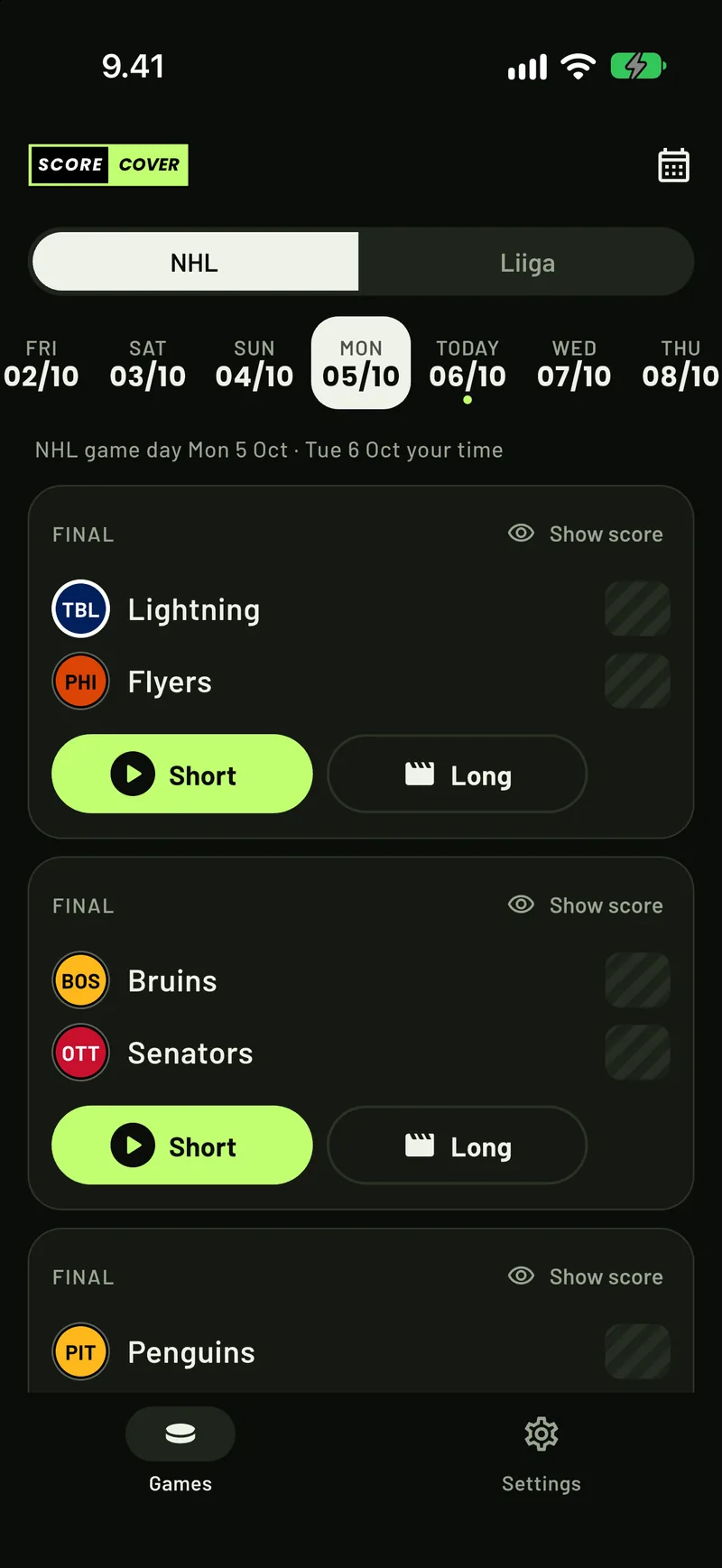 ScoreCover showing NHL games with every score covered