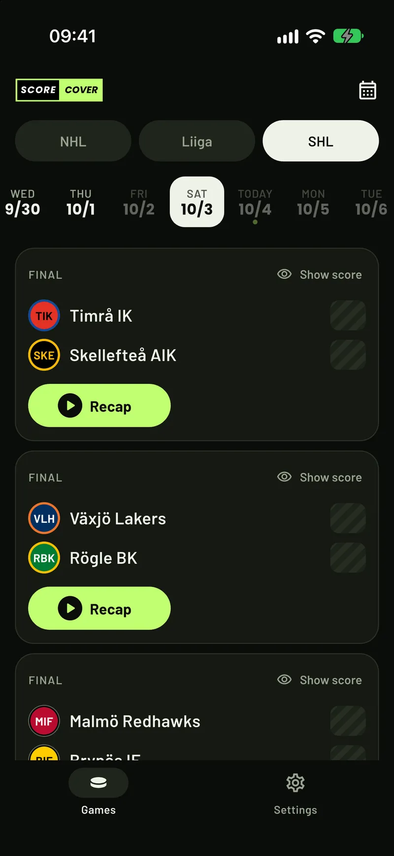 ScoreCover showing SHL games with every score covered