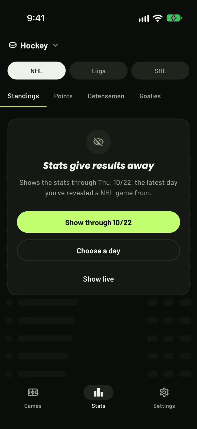 The Stats tab in ScoreCover before the tables are shown: stats give results away, so you first choose the day they run through