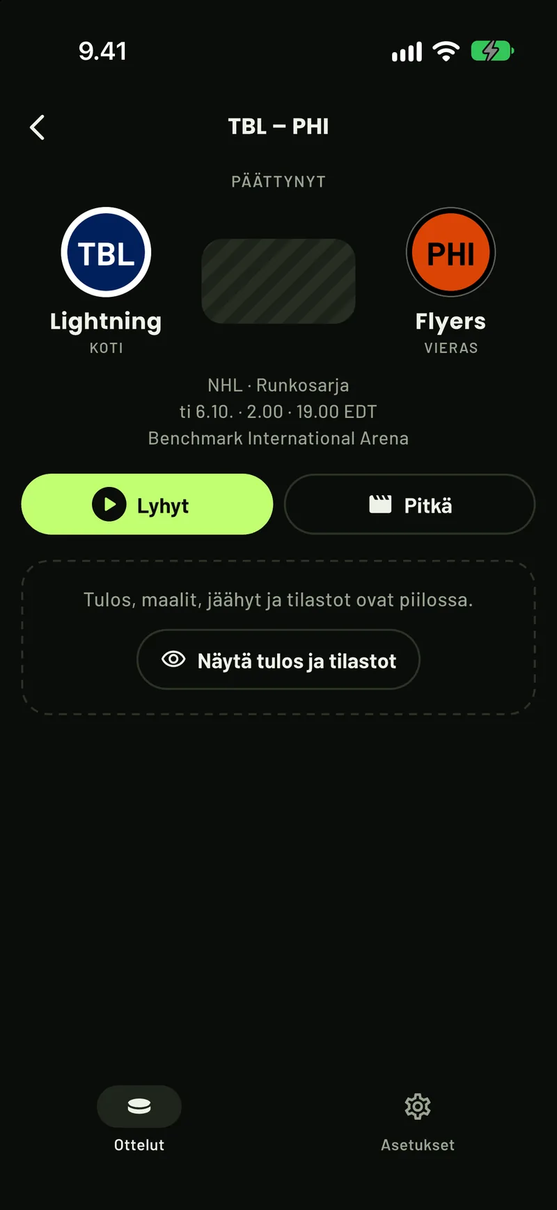 NHL-ottelun sivu ScoreCoverissa: tulos, maalit ja tilastot piilossa paljastuspainikkeen takana