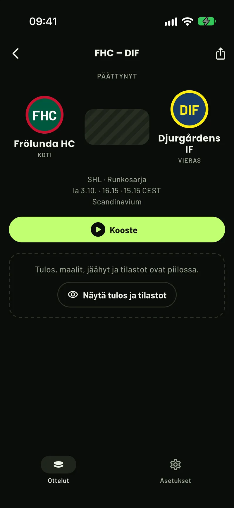 SHL-ottelun sivu ScoreCoverissa ennen paljastusta: koosteen voi katsoa, mutta tulos, maalit ja tilastot ovat piilossa