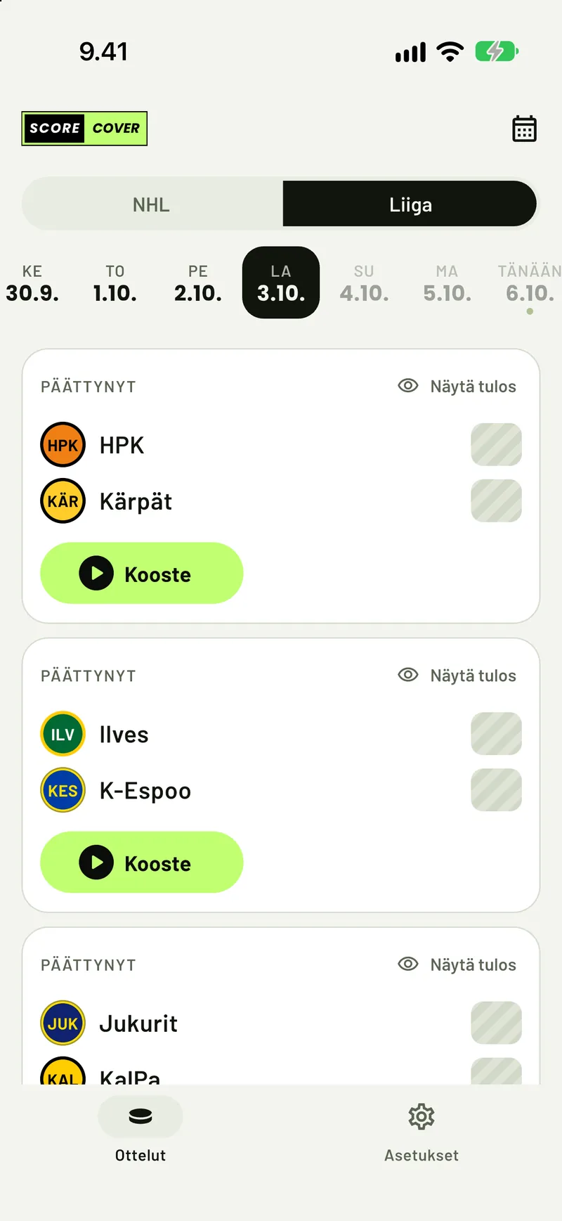 ScoreCover vaaleassa teemassa, Liigan tulokset peitettyinä