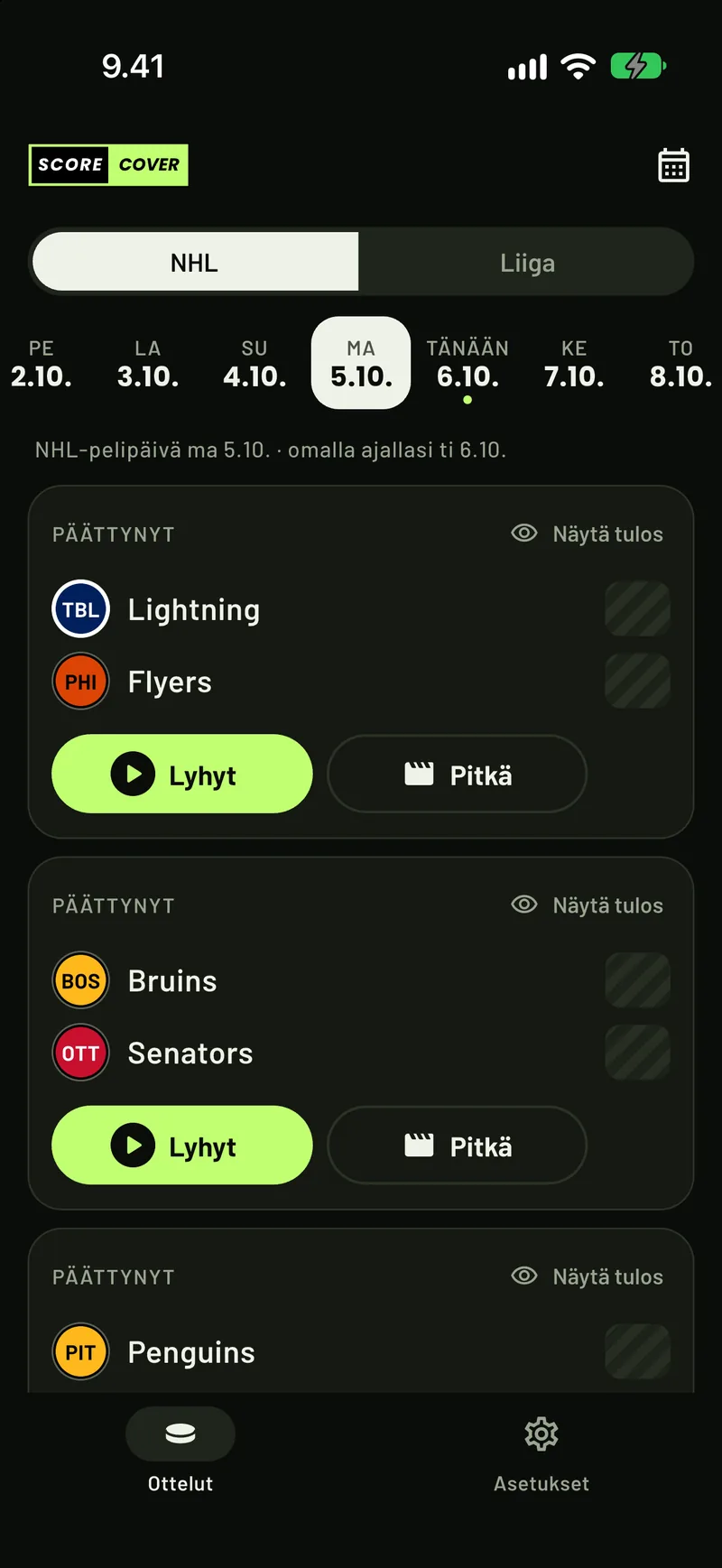 ScoreCover näyttää NHL-ottelut, ja jokainen tulos on peitetty