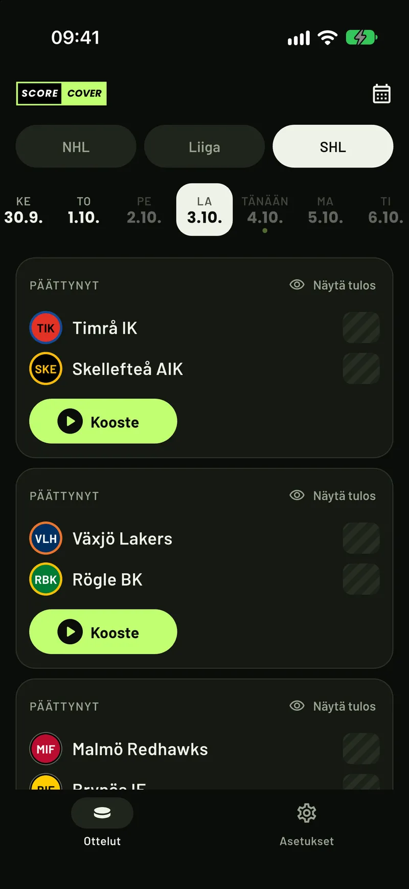 ScoreCover näyttää SHL-ottelut, ja jokainen tulos on peitetty