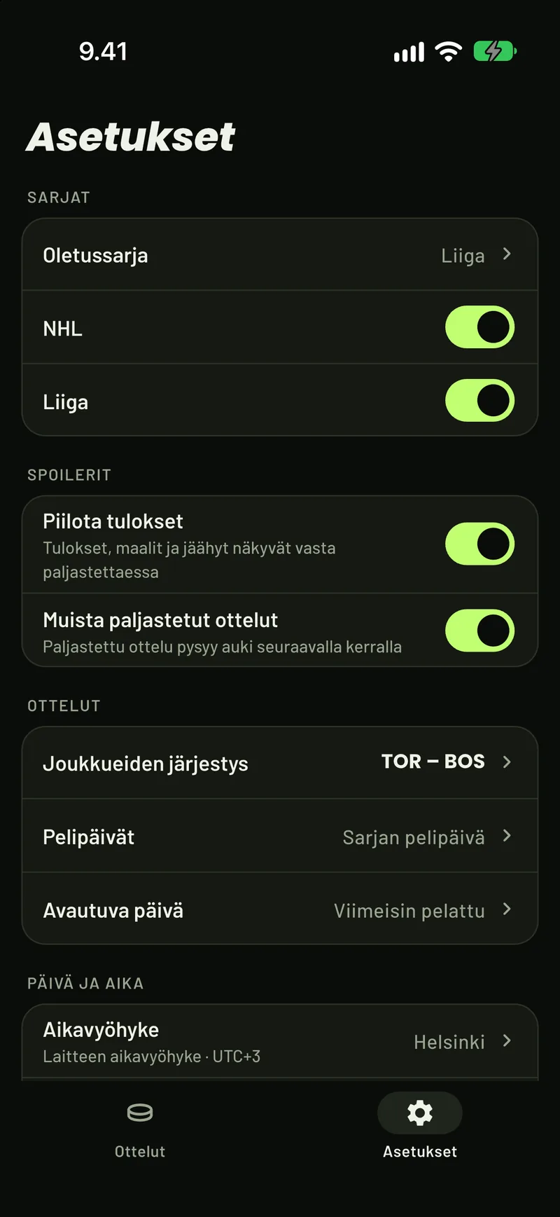 ScoreCoverin asetukset: sarjat, tulosten piilotus, joukkueiden järjestys ja pelipäivät