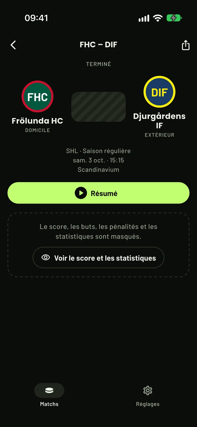 La page d’un match SHL dans ScoreCover avant de le dévoiler : le bouton du résumé, et le score, les buts et les statistiques masqués
