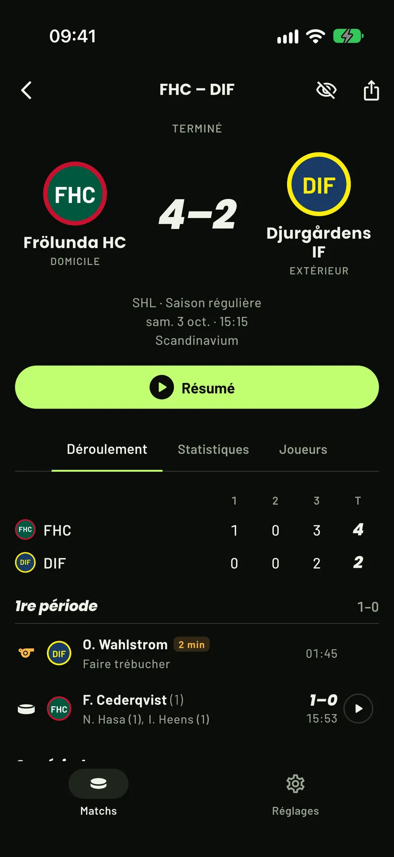 Un match SHL dévoilé dans ScoreCover : score, périodes, pénalités et buts