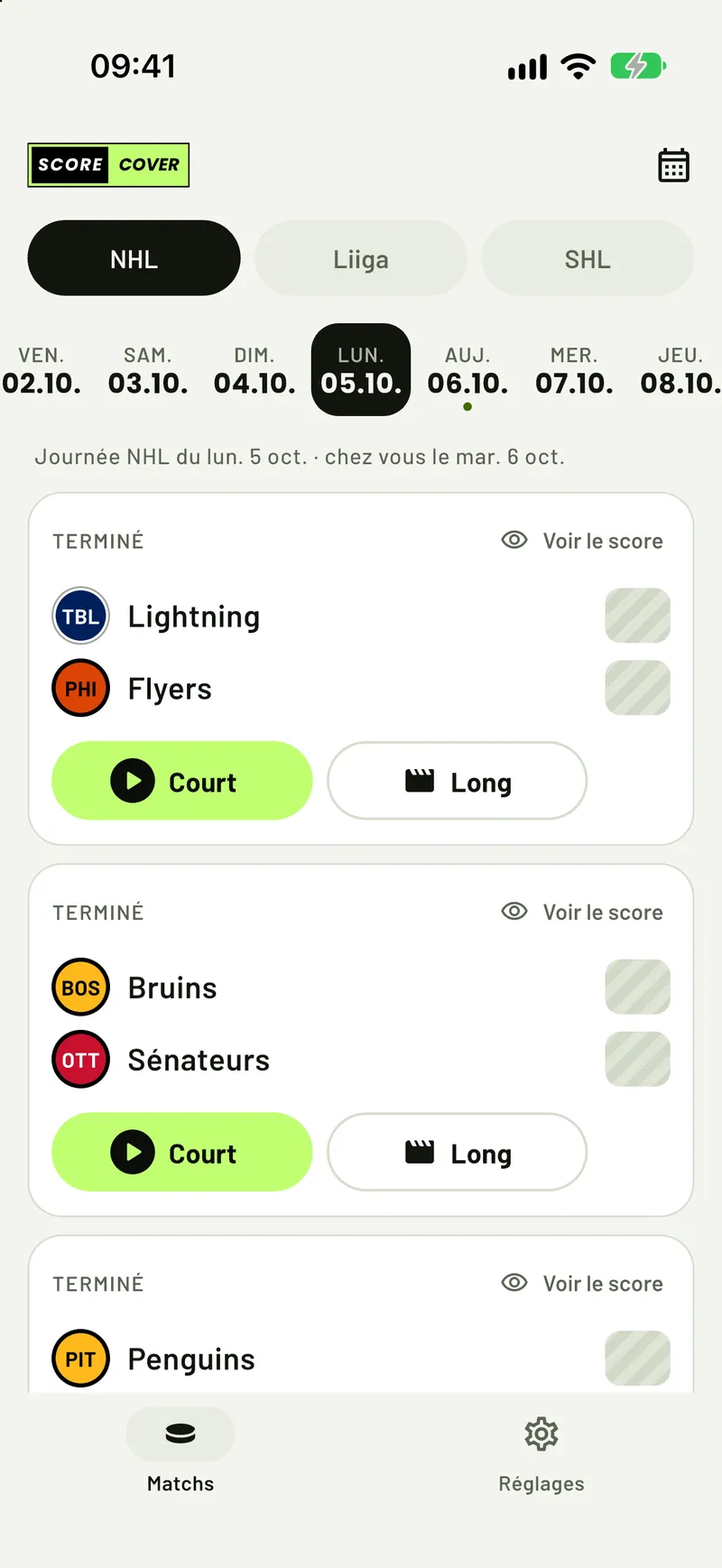 ScoreCover en thème clair, les scores de la NHL masqués