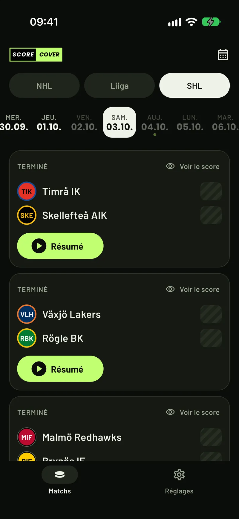 ScoreCover affiche les matchs de la SHL, tous les scores masqués