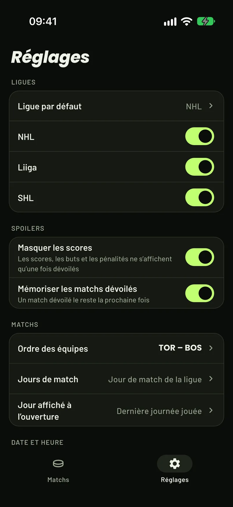 Les réglages de ScoreCover : ligues, masquage des scores, ordre des équipes et jours de match