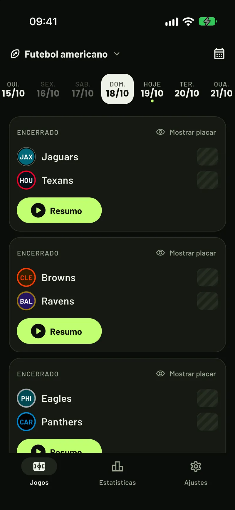 O ScoreCover mostrando jogos da NFL com todos os placares ocultos