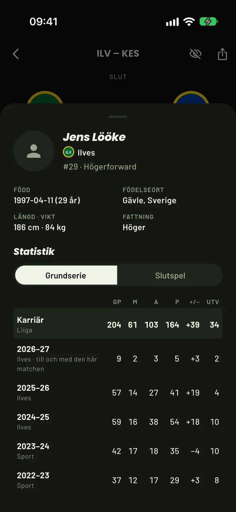 Ett spelarkort från Liiga i ScoreCover: Jens Löökes uppgifter och Liiga-karriär säsong för säsong, den här säsongen till och med matchen