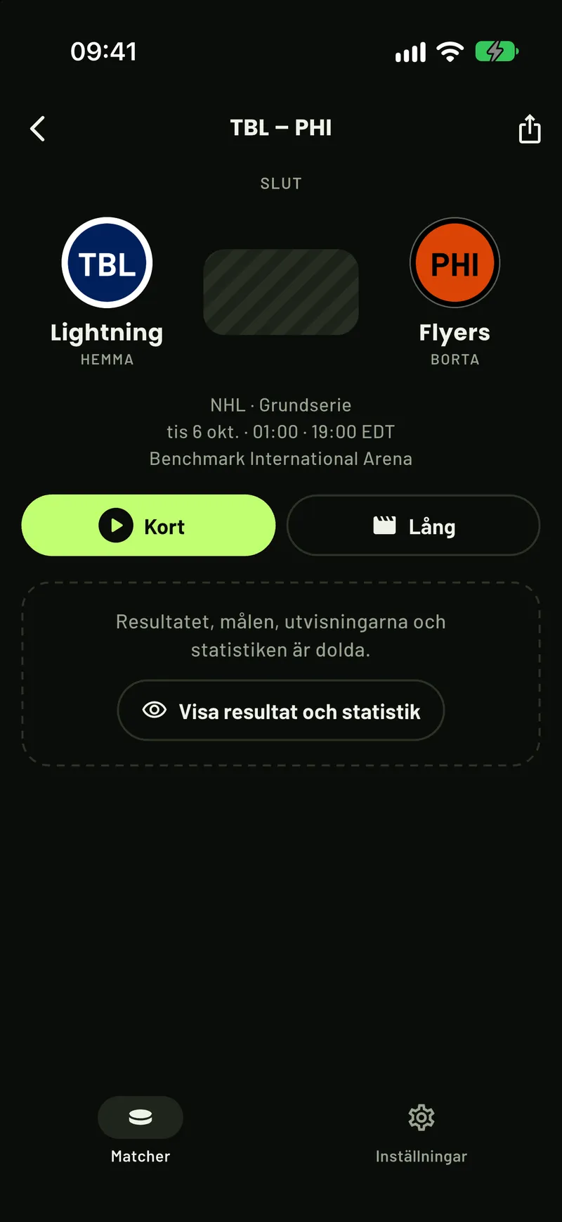 En NHL-matchsida i ScoreCover: resultat, mål och statistik dolda bakom en knapp