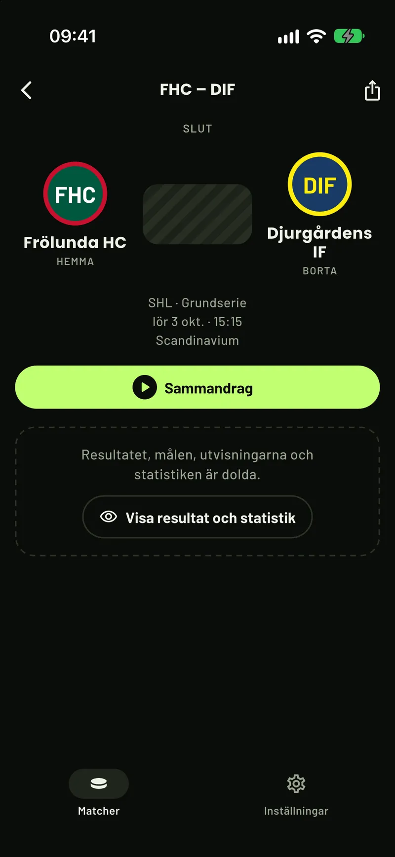 En SHL-matchsida i ScoreCover innan resultatet visas: knappen för sammandraget, medan resultat, mål och statistik är dolda
