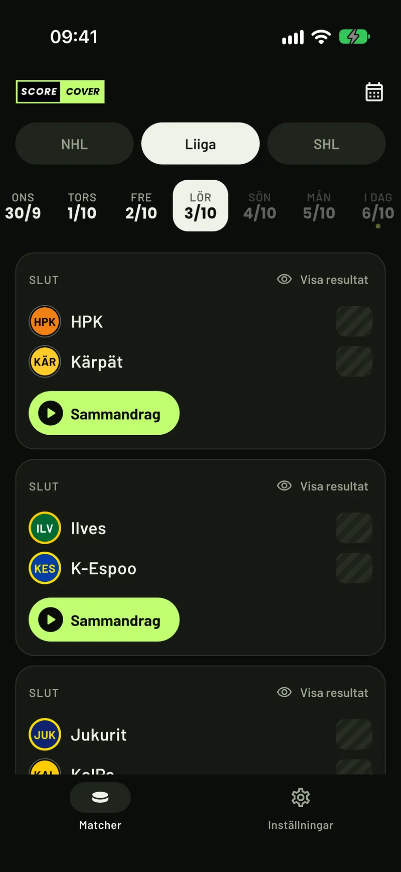 ScoreCover visar Liiga-matcher med alla resultat dolda