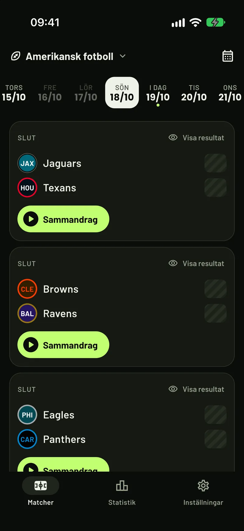 ScoreCover visar NFL-matcher med alla resultat dolda