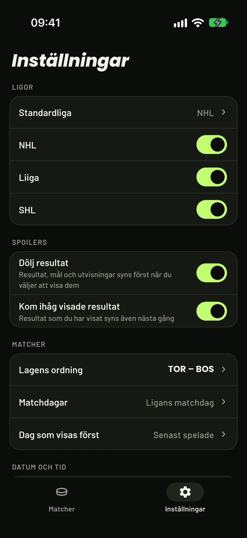ScoreCovers inställningar: ligor, dolda resultat, lagens ordning och matchdagar