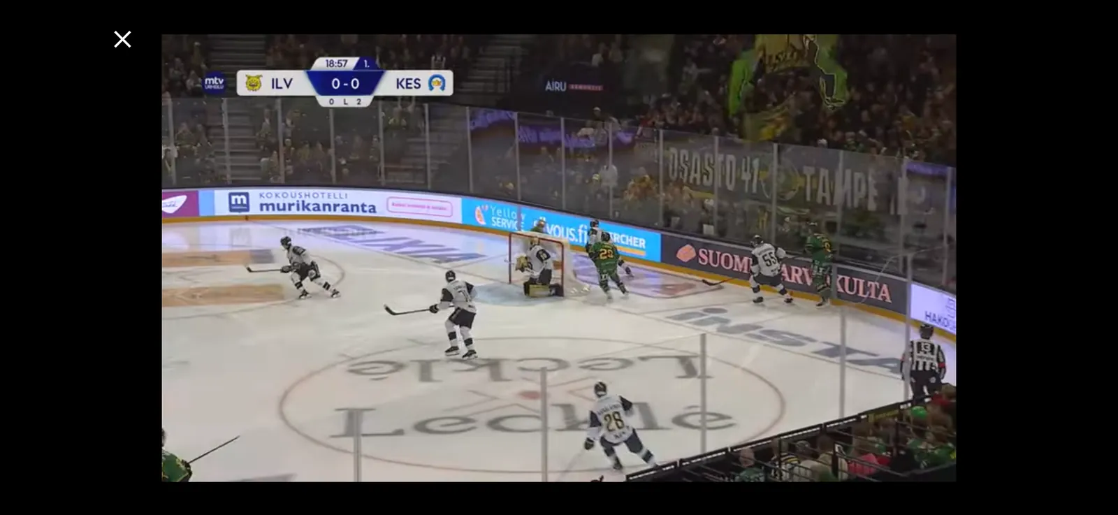 A Liiga recap from YouTube playing full screen in ScoreCover: Ilves – K-Espoo, first period, 0–0